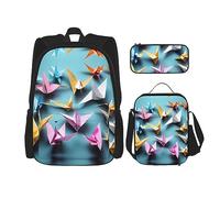 Set di 3 zaini casual da viaggio, grande capacità, con astuccio e borsa per il pranzo, gru di carta origami