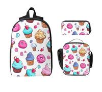 Set di 3 zaini colorati a forma di ciambella con cupcake, per ragazze e ragazzi, con borsa per il pranzo, astuccio, dessert, 3 pezzi, borsa termica per il pranzo, regali per donne e uomini