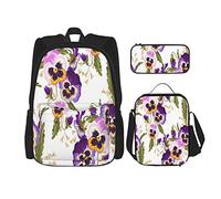 Set di 3 zaini colorati astratti, multicolore, con viole del pensiero, bellissimi fiori viola, borsa da viaggio, lavoro, scuola, astuccio per il pranzo, borsa combinata per uomini, donne, ragazzi e ra