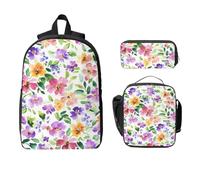 Set di 3 zaini colorati con fiori per ragazze e ragazzi, con borsa per il pranzo, astuccio per matite e margherite, 3 pezzi, borsa termica per il pranzo, regali per donne e uomini