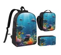 Set di 3 zaini colorati con motivo mondo sottomarino con portapranzo isolato, astuccio per matite, borse leggere per laptop da 17 pollici, borsa per il pranzo a tracolla e astuccio 3 in 1
