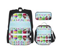 Set di 3 zaini colorati con stampa di cupcake di buon compleanno, zaino per computer portatile di grande capacità resistente all'acqua con borsa termica per il pranzo e astuccio per matite per ragazzi