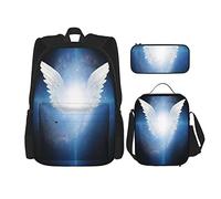 Set di 3 zaini con ali d'angelo, elementi concettuali di mosche, simboli bianchi di amore, ali di gentilezza, borsa da viaggio, lavoro, scuola, astuccio, borsa per il pranzo, combinazione per uomini,