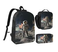 Set di 3 zaini con astronauta che atterrano sulla luna, con portapranzo isolato, astuccio per matite, borse leggere per laptop da 17 pollici, borsa per il pranzo a tracolla e astuccio, set 3 in 1