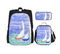 Set di 3 zaini con barca a vela, stile grunge nautico, illustrazione di due barche a vela da regata in un oceano ventoso, stampa, borsa da viaggio, lavoro, scuola, astuccio, pranzo, per uomini, donne,
