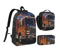 Set di 3 zaini con camion dei pompieri con portapranzo isolato, astuccio per matite, borse leggere per laptop da 17 pollici, borsa per il pranzo a tracolla e astuccio 3 in 1