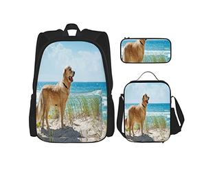 Set di 3 zaini con cane Golden Retriever su una duna sabbiosa con vista sulla spiaggia tropicale, oceano e cielo, borsa da viaggio, lavoro e scuola, astuccio portapenne, borsa per il pranzo, per uomin