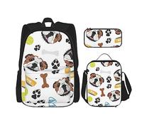 Set di 3 zaini con carlino e chihuahua, regolabile, con astuccio portapranzo, Bulldog inglese, Taglia unica, Zaini Daypack
