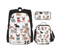Set di 3 zaini con carlino e chihuahua, regolabile, con astuccio portapranzo, Carino Chihuahua Carlino Pattern, Taglia unica, Zaini Daypack