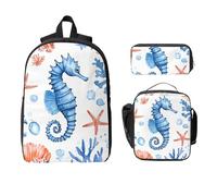Set di 3 zaini con cavalluccio marino con acquarello, per ragazze e ragazzi, con borsa per il pranzo, astuccio, stella marina, 3 pezzi, borse per la scuola, isolanti, regali per donne e uomini