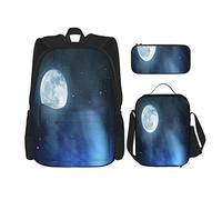 Set di 3 zaini con cielo notturno e stelle, luna piena, universo, spazio, corpi celesti, borsa da viaggio, lavoro, scuola, astuccio, borsa per il pranzo, combinazione per uomini, donne, ragazzi e raga