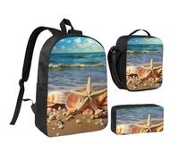 Set di 3 zaini con conchiglie sulla spiaggia sabbiosa con portapranzo isolato, astuccio per matite, borsa leggera per laptop da 17 pollici, borsa per il pranzo a tracolla e astuccio 3 in 1