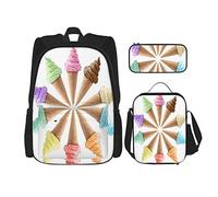 Set di 3 zaini con coni gelato di vari gusti che formano una di stampe estive, borsa da viaggio, lavoro e scuola, astuccio portapenne, borsa per il pranzo, per uomini, donne, ragazzi e ragazze.