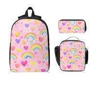 Set di 3 zaini con cuore arcobaleno per ragazze e ragazzi, con borsa per il pranzo, astuccio per matite, 3 pezzi, borse per la scuola, isolanti, regali per donne e uomini