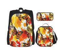 Set di 3 zaini con decorazione a farfalla, tema crisantemo rosso-giallo, farfalla arancione, borsa da viaggio, lavoro, scuola, astuccio portapenne, borsa per il pranzo, per uomini, donne, ragazzi e ra