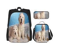 Set di 3 zaini con due cuccioli di Golden Retriever su sfondo blu sotto la neve, divertenti e sorridenti, borsa da viaggio, lavoro e scuola, astuccio portapenne, borsa per il pranzo, combinazione per