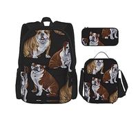 Set di 3 zaini con faccine di bulldog inglese, borsa a tracolla regolabile con astuccio portapranzo, Bulldog inglese, Taglia unica, Zaini Daypack