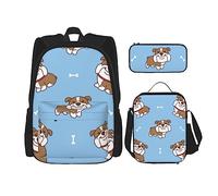 Set di 3 zaini con faccine di bulldog inglese, borsa a tracolla regolabile con astuccio portapranzo, Inglese, bulldog, seamless, illustrazione, Taglia unica, Zaino daypack