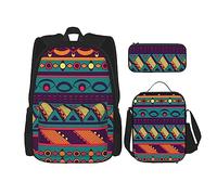 Set di 3 zaini con faccine di bulldog inglese, borsa a tracolla regolabile con astuccio portapranzo, Modelli geometrici etnici, Taglia unica, Zaini Daypack