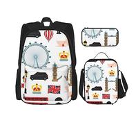 Set di 3 zaini con faccine di bulldog inglese, borsa a tracolla regolabile con astuccio portapranzo, Simbolo Inghilterra, Taglia unica, Zaino daypack