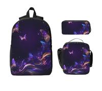 Set di 3 zaini con farfalla viola e oro, per ragazze e ragazzi, con borsa per il pranzo, astuccio fantasy, 3 pezzi, borsa per la scuola, isolata, regalo per donne e uomini