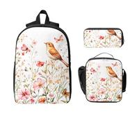 Set di 3 zaini con farfalle e uccellini, per ragazze e ragazzi, con borsa per il pranzo, astuccio, farfalle e fiori, 3 pezzi, borsa termica per il pranzo, regali per donne e uomini