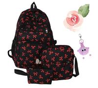 Set di 3 zaini con fiocco per ragazze, borsa da scuola estetica di grande capacità, in nylon Kawaii preppy borse per la scuola per adolescenti, primaria, secondaria e università, Rosso, L
