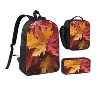 Set di 3 zaini con foglie d'acero autunnali rosse e gialle con custodia termica per il pranzo, borsa per il pranzo leggera da 17 pollici, borsa per il pranzo e astuccio 3 in 1