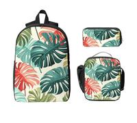 Set di 3 zaini con foglie di palma rosse e verdi, per ragazze e ragazzi, con borsa per il pranzo, astuccio per matite e matite della giungla tropicale, 3 pezzi, borsa termica per il pranzo, regali per
