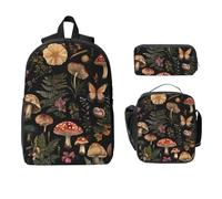 Set di 3 zaini con funghi botanici per ragazze e ragazzi, con borsa per il pranzo, astuccio per matite, farfalle e fiori, 3 pezzi, borsa termica per il pranzo, regali per donne e uomini