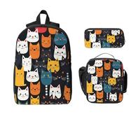 Set di 3 zaini con gatti carini per ragazze e ragazzi, con borsa per il pranzo, astuccio per matite con animali in stile cartone animato, 3 pezzi, borse per la scuola, isolanti, regali per donne