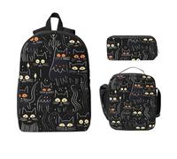 Set di 3 zaini con gatti neri, per ragazze e ragazzi, con borsa per il pranzo, astuccio per matite con gattino in stile cartone animato, 3 pezzi, borsa termica per il pranzo, regali per donne e uomini
