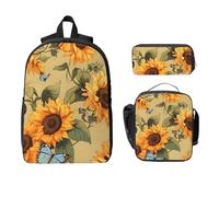 Set di 3 zaini con girasole e farfalle, stile retrò, per ragazze e ragazzi, con borsa per il pranzo, astuccio per matite e matite, motivo floreale vintage, 3 pezzi, borsa termica per il pranzo, regali