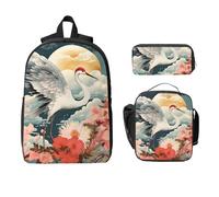 Set di 3 zaini con gru e fiori per ragazze e ragazzi, con borsa per il pranzo, astuccio per matite e matite, tradizione giapponese, borse per la scuola, isolanti, regali per donne e uomini