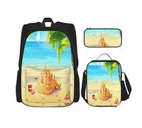 Set di 3 zaini con illustrazione di spiaggia, palme, conchiglie e castelli di sabbia, borsa da viaggio, lavoro e scuola, astuccio portapenne, borsa per il pranzo, per uomini, donne, ragazzi e ragazze.