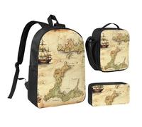 Set di 3 zaini con mappa del tesoro con custodia termica per il pranzo, borsa leggera per laptop da 17 pollici, borsa per il pranzo a tracolla e astuccio 3 in 1
