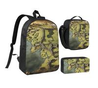 Set di 3 zaini con mappa della Terra di Mezzo con portapranzo isolato, astuccio per matite, borsa leggera per laptop da 17 pollici, borsa per il pranzo a tracolla e astuccio 3 in 1