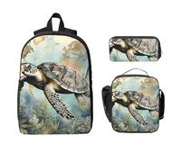 Set di 3 zaini con mappa delle tartarughe marine, per ragazze e ragazzi, con borsa per il pranzo, astuccio, stile retrò, oceano, 3 pezzi, borsa termica per il pranzo, regalo per donne e uomini