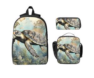 Set di 3 zaini con mappa delle tartarughe marine, per ragazze e ragazzi, con borsa per il pranzo, astuccio, stile retrò, oceano, 3 pezzi, borsa termica per il pranzo, regalo per donne e uomini