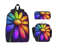 Set di 3 zaini con margherite arcobaleno per ragazze e ragazzi, con borsa per il pranzo, astuccio per matite e fiori galassia, 3 pezzi, borse per la scuola, isolanti, regali per donne e uomini