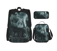 Set di 3 zaini con motivo 3D di tornado e uragano, città fittizia con detriti volanti e strutture che crollano, borsa da viaggio, lavoro, scuola, astuccio, pranzo, per uomini, donne, ragazzi e ragazze