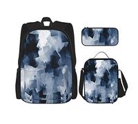 Set di 3 zaini con motivo a cubo, grigio, nero, bianco, blu navy, astratto, a forma di blocco, con design luminoso, per viaggi, lavoro e scuola, astuccio portapenne, borsa per il pranzo, combinazione