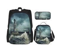 Set di 3 zaini con motivo: faro blu del mare in tempesta sotto un cielo scuro e drammatico di notte, borsa per libri, astuccio per matite, borsa per il pranzo, per uomini, donne, ragazzi e ragazze.