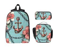 Set di 3 zaini con motivo floreale con ancora, per ragazze e ragazzi, con borsa per il pranzo, astuccio per il pranzo, stile nautico, oceano e mare, 3 pezzi, borsa termica per il pranzo, regali per