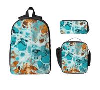 Set di 3 zaini con motivo marmo turchese, per ragazze e ragazzi, con borsa per il pranzo, astuccio per matite e matite, stampa mucca color foglia di tè, 3 pezzi, borse per la scuola, isolanti, regali