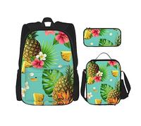 Set di 3 zaini con motivo piante grasse, borsa a tracolla regolabile con astuccio portapranzo, Ananas tropicale., Taglia unica, Zaini Daypack