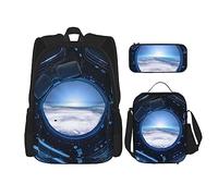 Set di 3 zaini con motivo piante grasse, borsa a tracolla regolabile con astuccio portapranzo, Visualizza Stazione Spaziale Terra, Taglia unica, Zaini Daypack