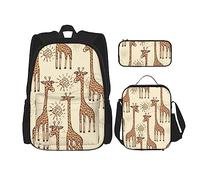 Set di 3 zaini con paesaggio forestale, borsa a tracolla regolabile con astuccio portapranzo, Giraffe disegnate a mano, Taglia unica, Zaini Daypack