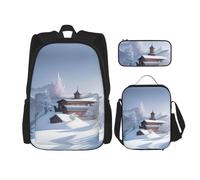 Set di 3 zaini con paesaggio invernale - borsa per la scuola per studenti + astuccio + borsa per il pranzo, zaino di grande capacità