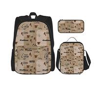 Set di 3 zaini con parole sul caffè, diverse tipografie, chicchi di caffè su sfondo astratto vintage, borsa da viaggio, lavoro, scuola, astuccio, borsa per il pranzo, per uomini, donne, ragazzi e raga